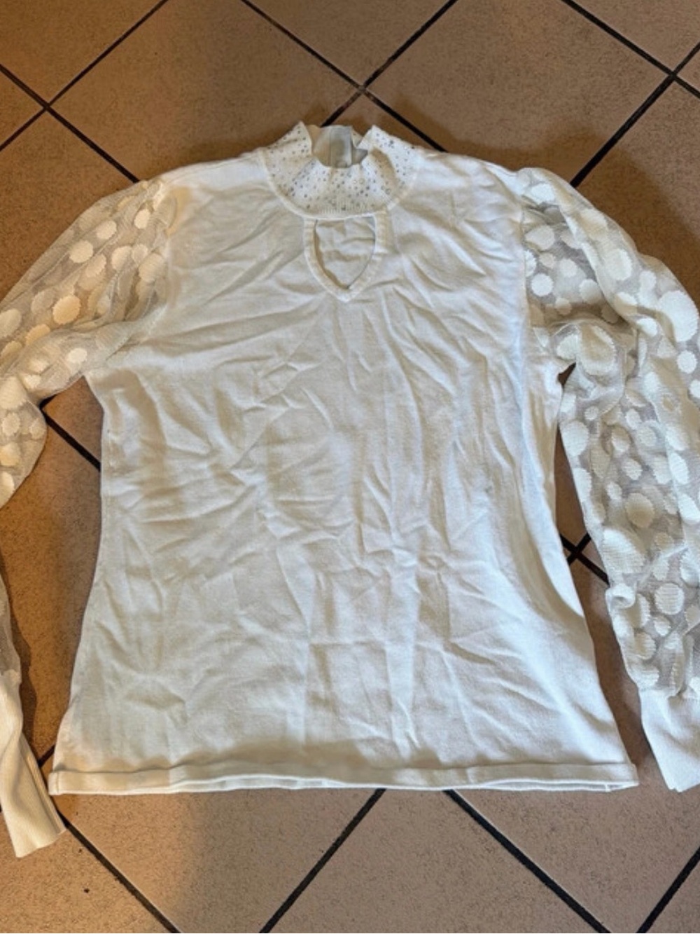 White Women's Long Sleeve Top with Lace Dot Sleeves